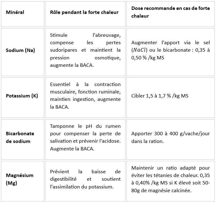 Tableau - recommandations doses minéraux fortes chaleurs